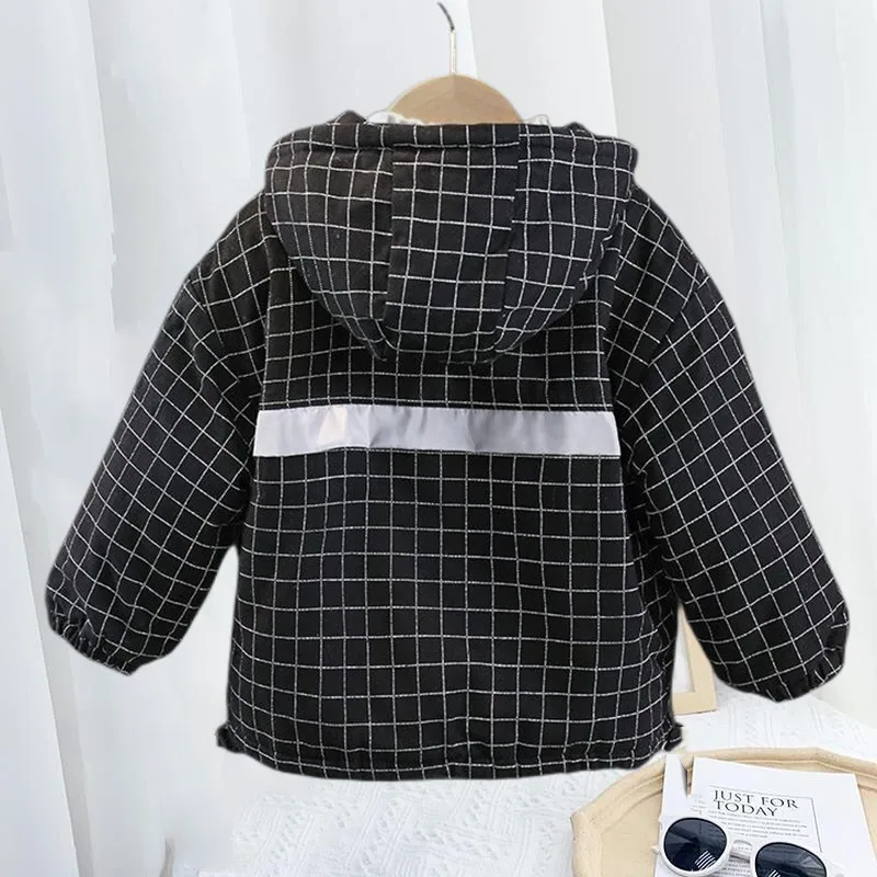 Boys' Coat Plush Thickened Winter New Style Children's Casual Plaid Warm Cotton Jacket Outerwear