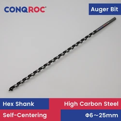 Broca Longa Auger, 460mm Espiral-Flauta, Bit Pólo Auto-Centrante, Hex Shank Diâmetro, 6mm a 25mm