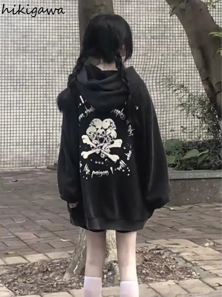 Japanese Hoodies Women Vintage Fashion Hip-hop Oversized Jacket Skull Harajuku Casual Hooded Sweatshirt Coat Y2k Tops Ropa Mujer