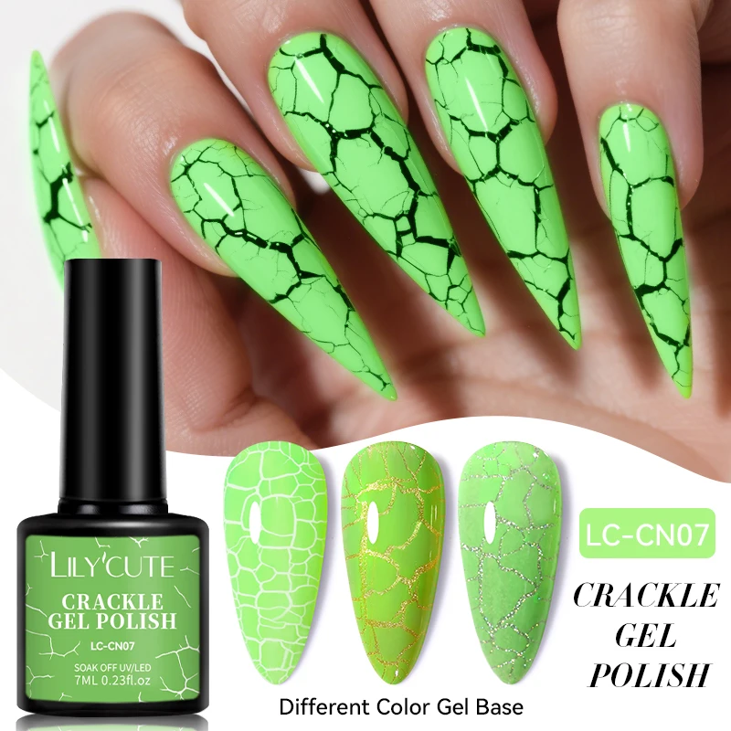 LILYCUTE Green Bright Pink Neon Crackle Gel Nail Polish Fluorescent Gel Quick Drying Nail Art Gel Semi Permanent Base Top Coat