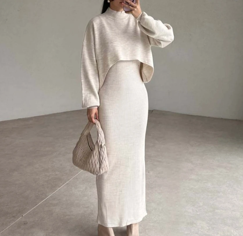 

Solid color irregular slim knit long skirt two-piece set