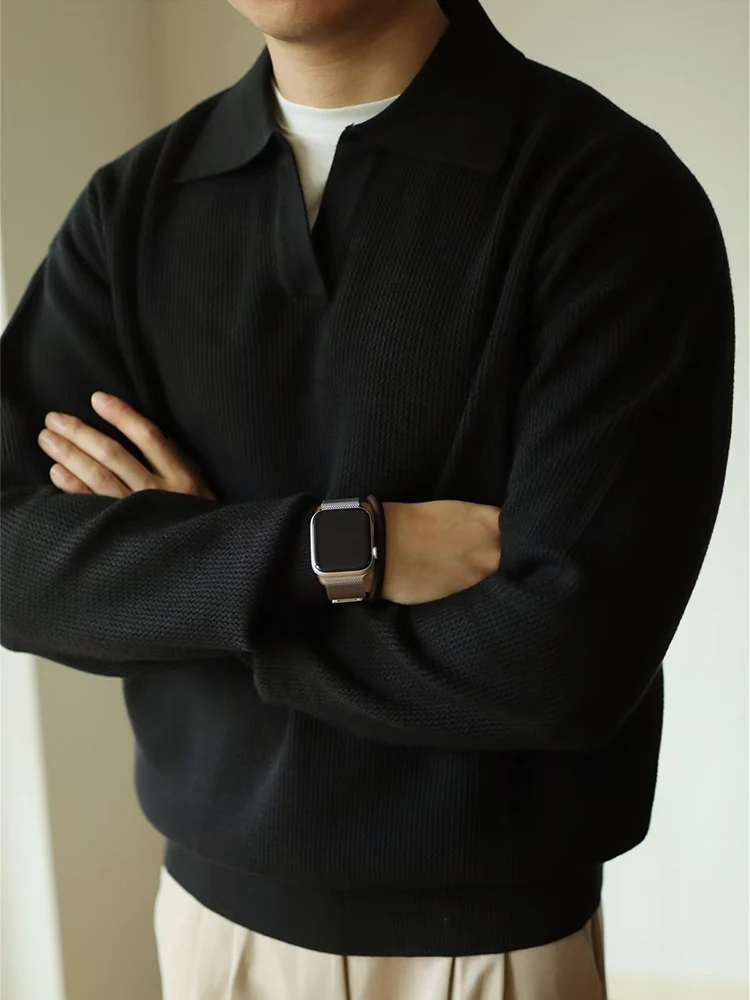 

Casual Knitwear Mens Polo Shirt Knitted Long Sleeve Turn-down Collar Sweater Men Leisure Solid Color Jumper Tops Men's Sweaters