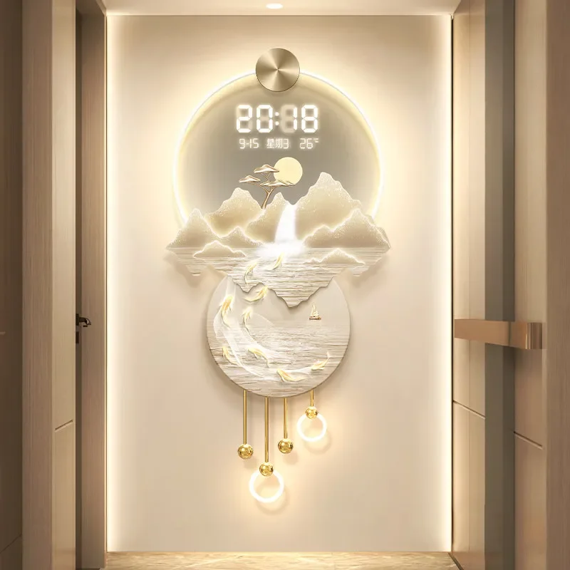 Modern Electronic Clock LED Wall Lamp Luxury Home Decor Flowing Water Living Room Bedroom Remote Control Lighting TV Background