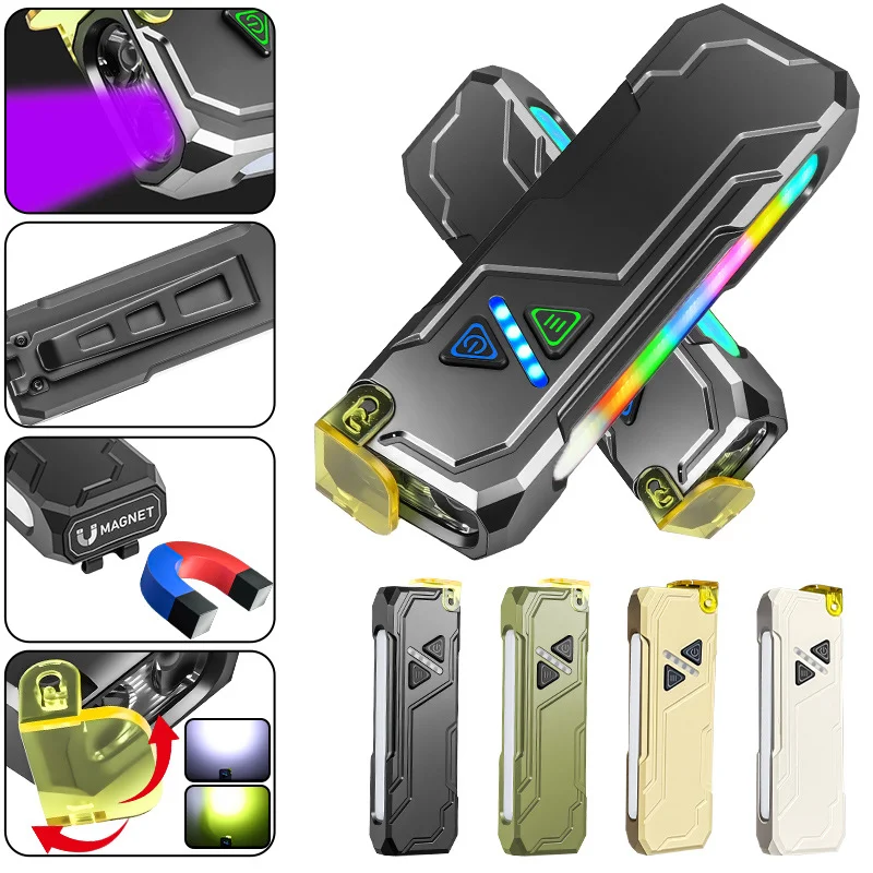 

RGB Color-changing Multi-functional LED Flashlight with Built-in Battery Magnetic Pen Clip USB Rechargeable Torch Emergency Lamp