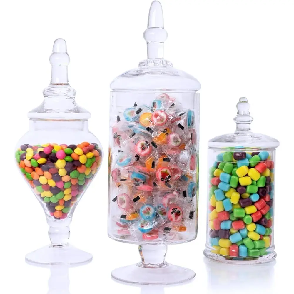 

Mantello Glass Apothecary Jars With Lids - Set Of 3 For Candy Buffet, Bathroom, Kitchen, Large