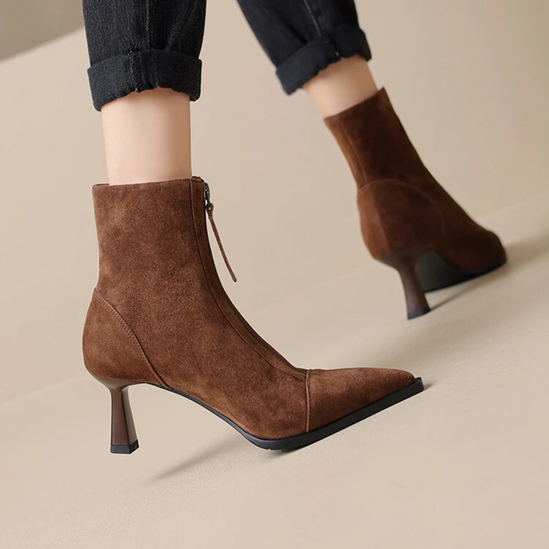 NEW Autumn Women Boots Pointed Toe Thin Heel Ankle Boots Sheep Suede Leather Shoes for Women Winter Black High Heel Boots Women