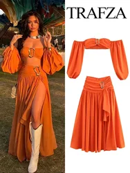 TRAFZA Summer Women Suits Sexy Tube Top Long Sleeve Solid Color Short Top+High Waist Pleated Decorative Split Zipper Skirt Mujer