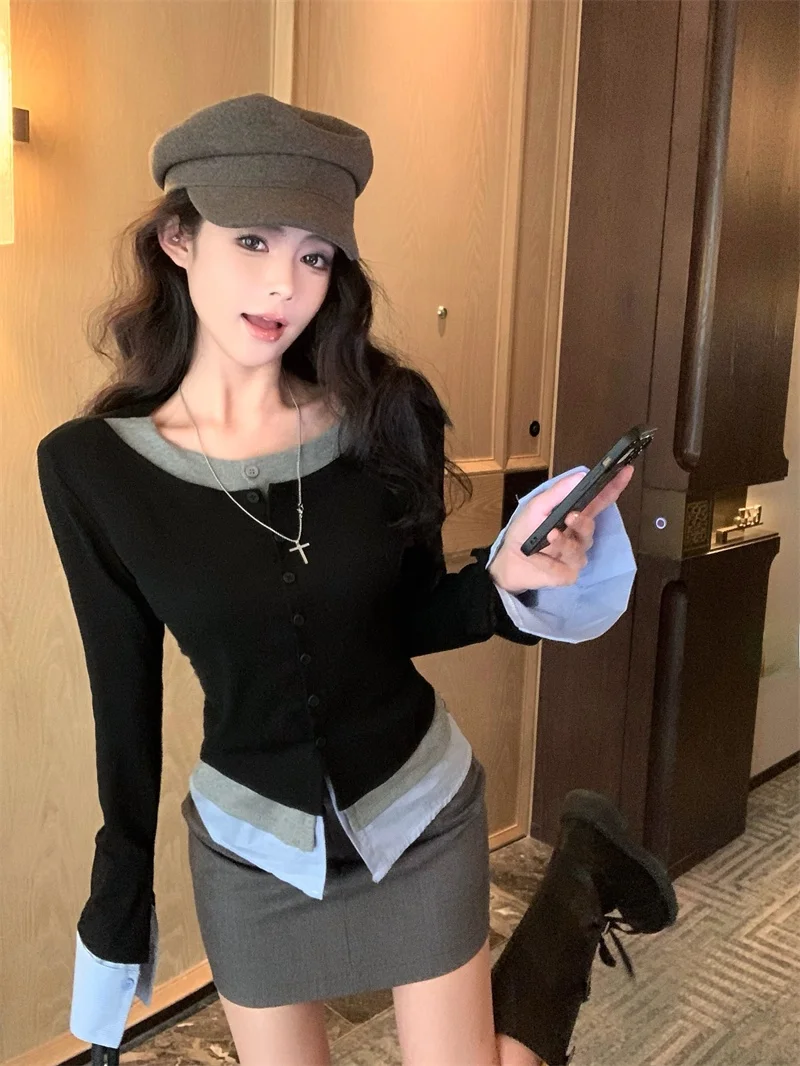 

Pure Desire Spicy Girl Spring Autumn New Style Layered Wear Base Shirt Color Collision Fake Three Pieces Rib Splice Knitted S...