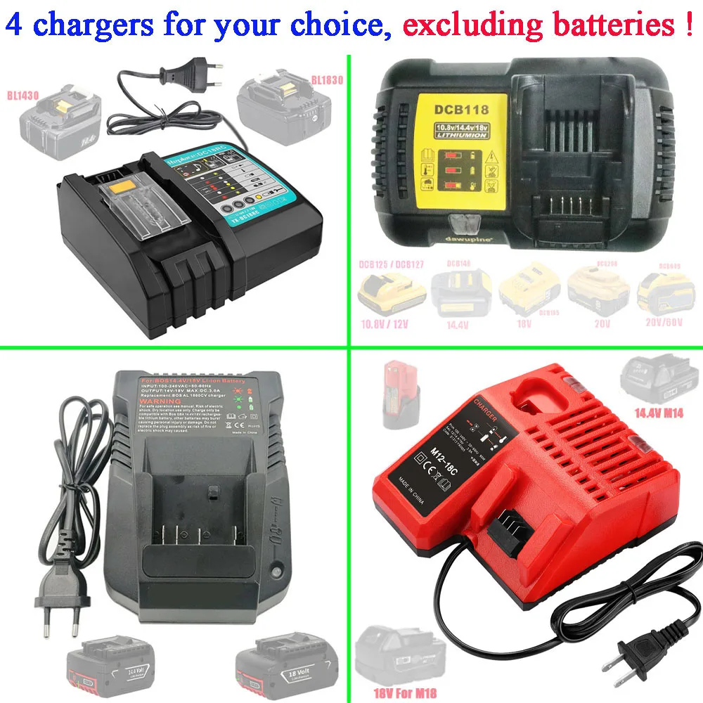 Li-Ion Battery Charger For Makita For Bosch For Dewalt For Milwaukee 14.4V 18V 20V DC18RC DCB118 1018K For M12 BL1830 AL1860CV