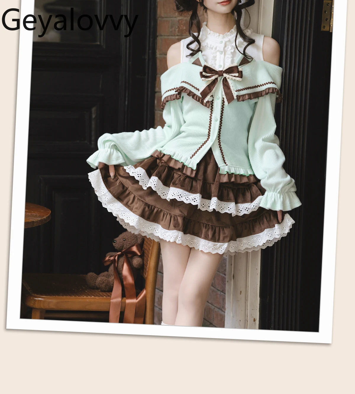 

Girl Two Piece SetsOriginal Design Retro Sweet Thin Cute Style Off-Shoulder Knitted Sweater Top and Short Casual Skirt Set