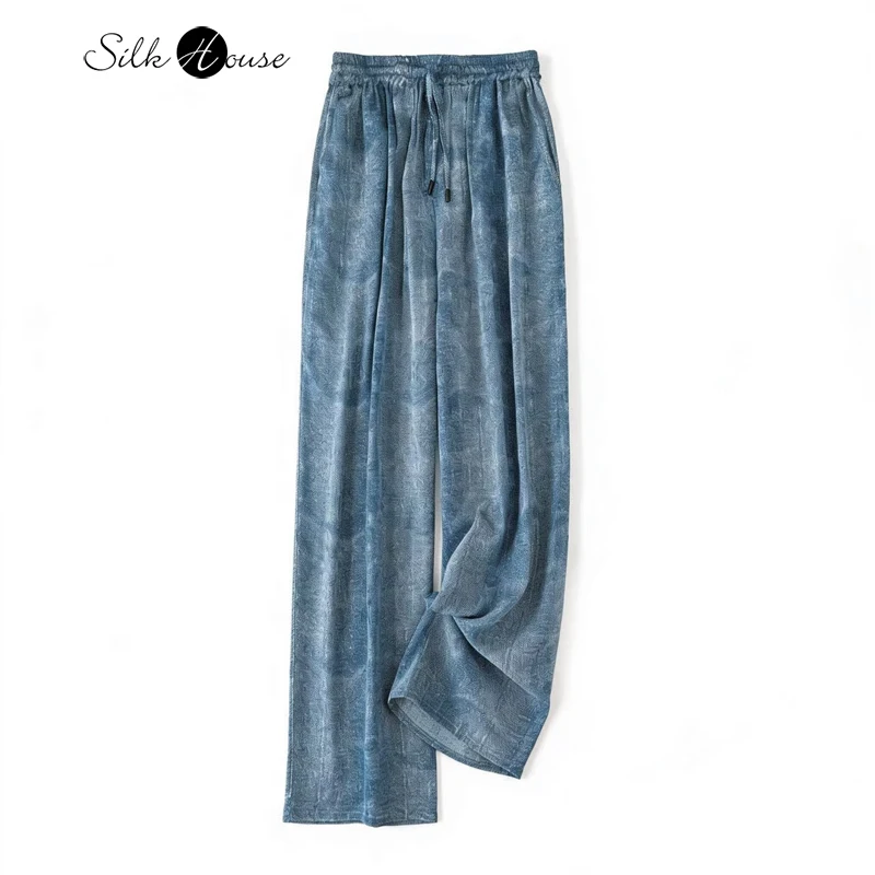 

Women's Clothing 95% Natural Mulberry Silk Elastic Double Qiao Satin Pocket Design Drawstring Denim Print Straight Leg Pants