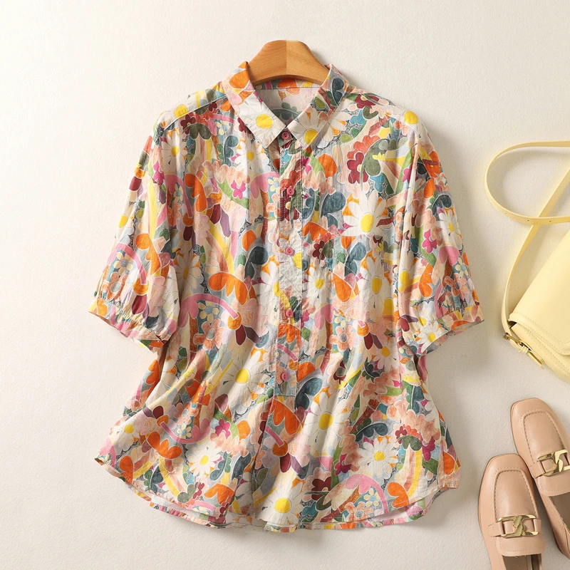 

Женский льняной топ из хлопка и льна с цветочным принтом в стиле ретро, лето 2024, уникальный топ для похудения Bubble Sve, женский свободный крой...