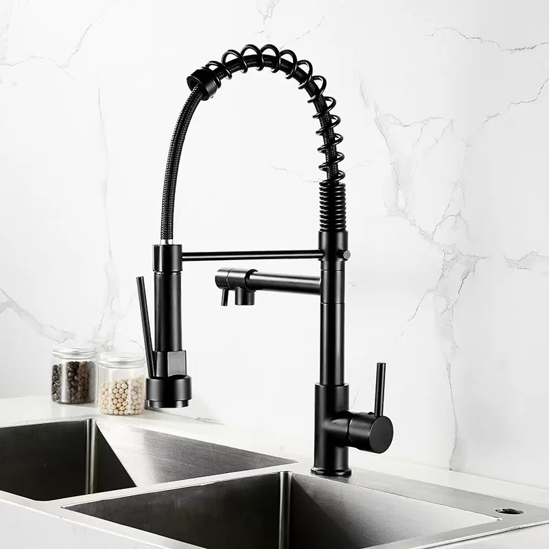 2 Mode Spring Pull Down Kitchen Sink Faucet Black Flexible Deck Mounted Hot Cold Water Mixer Tap Crane with Dual Spout Handles