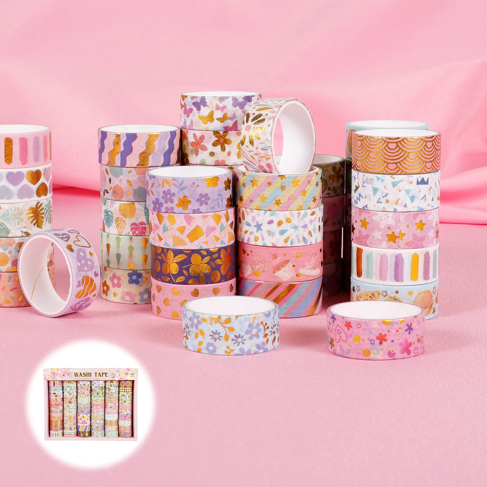 60 Rolls Assorted Pattern Adhesive Tape Masking Washi Tape Handmade DIY Scrapbooking Sticker Washi Tape Stationery Supplies