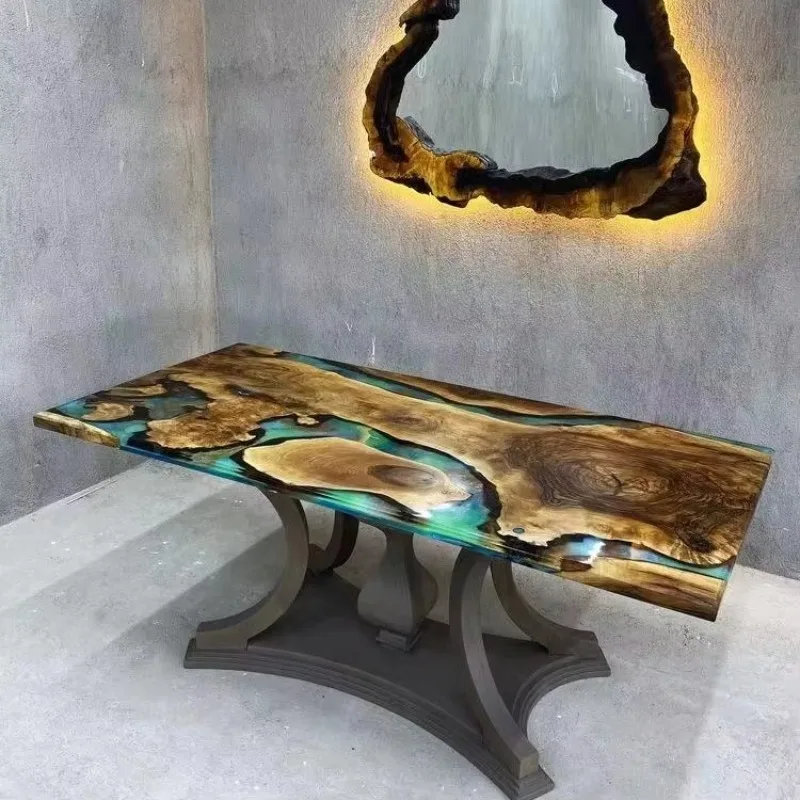 Luxury Factory Direct Solid Walnut Wood Cafe Kitchen Restaurant Coffee River Epoxy Resin Slab Dining Table