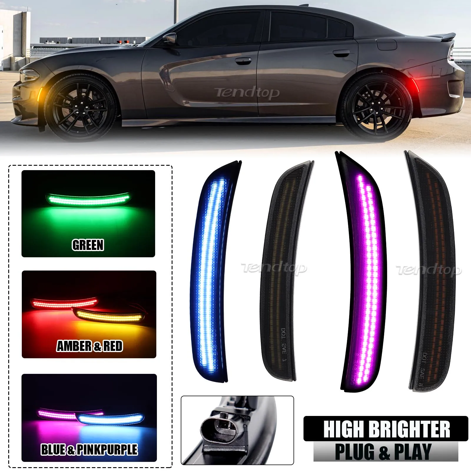 

Front & Rear Amber Red Side Marker Light Flashing LED Signal Light Dynamic Side Marker Lamp For Dodge Charger 2015-2023