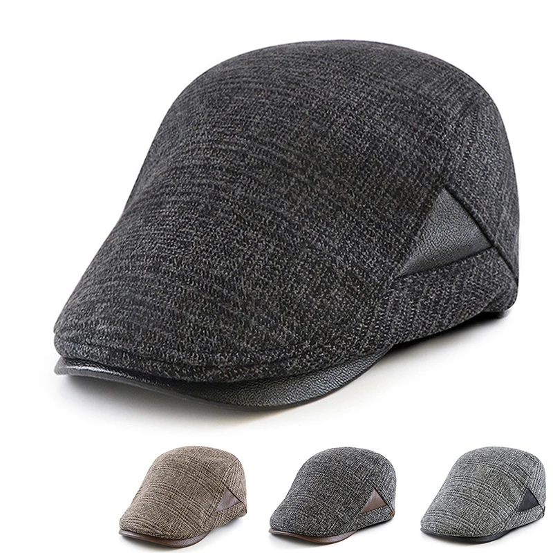 

Retro Autumn Berets Men PU Leather Brim Visor Cap Women Flat Duckbill Hats Herringbone Newsboy Hat British Style Forward Hat