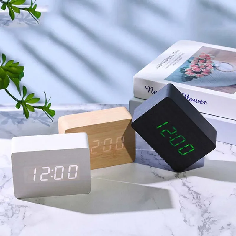 LED Wooden Alarm Clock Watch Table Voice Control Digital Wood Despertador Electronic Desktop USB/AAA Powered Clocks Table Decor