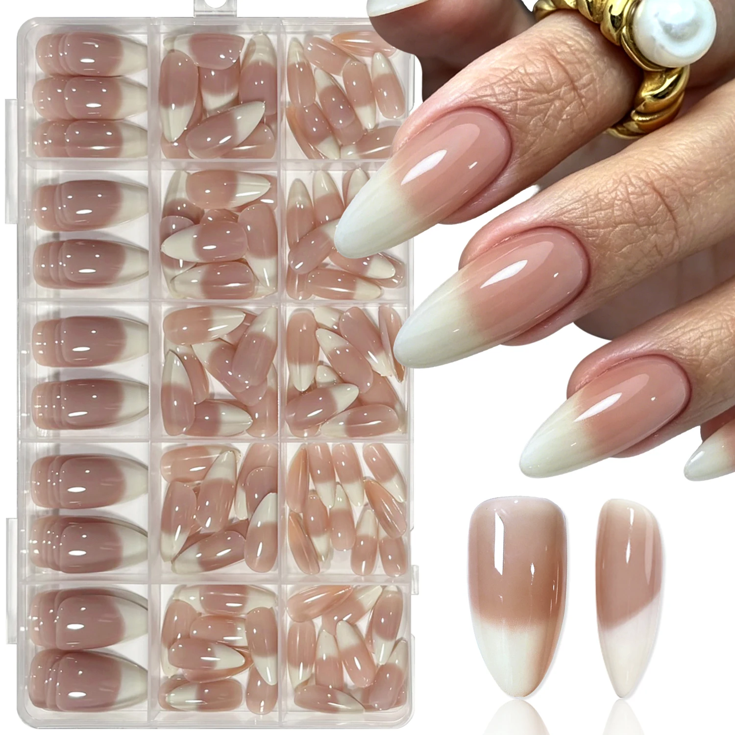 150Pcs Press On Nails Nude Gradient Almond Full Cover False Nails Glossy Reusable Artificial Nail Tips Daily Wear DIY Manicure *