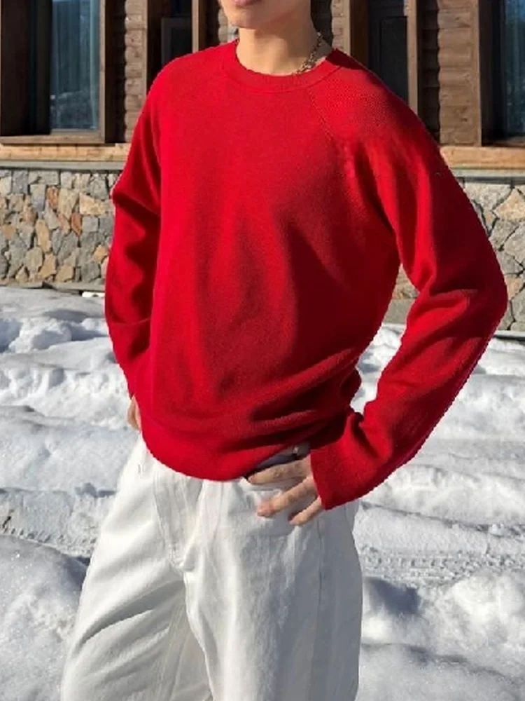 

Autumn Winter Men's Loose Long Sve Knitted Sweater Versatile Lightweight Comfortable Base Layer Red Color Casual Sle