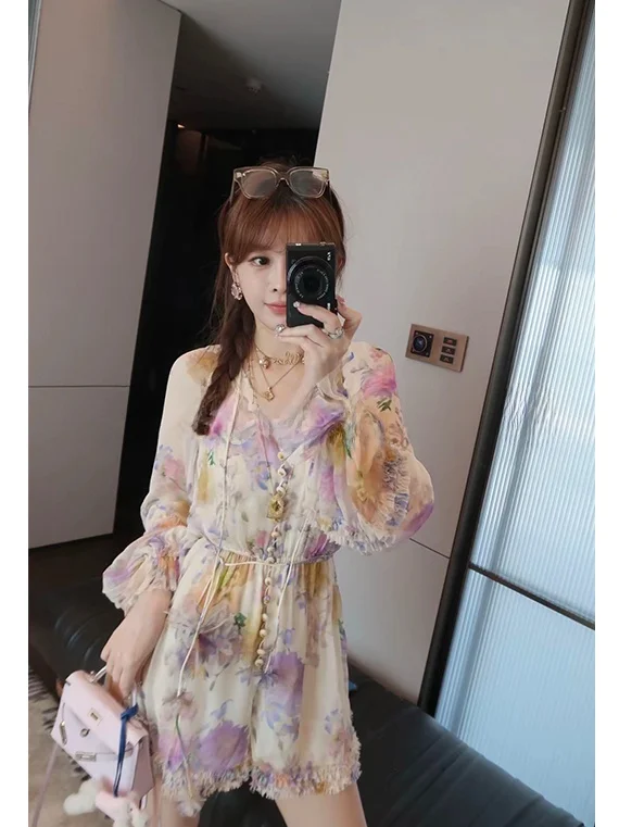 

Элегантный слитный купальник с цветочным принтом, модный женский комбинезон с рюшами и шортами, прямой крой, высокая талия, тонкая модель