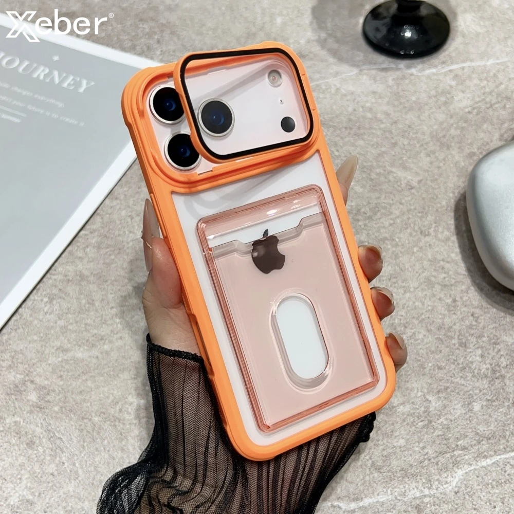 Luxus Slot Karte Halter Brieftasche Klar Fall Für iPhone 11, 12, 13, 14, 15, 16, 17, Pro Max Air Fold Objektiv Ständer Halter Stoßfest Abdeckung