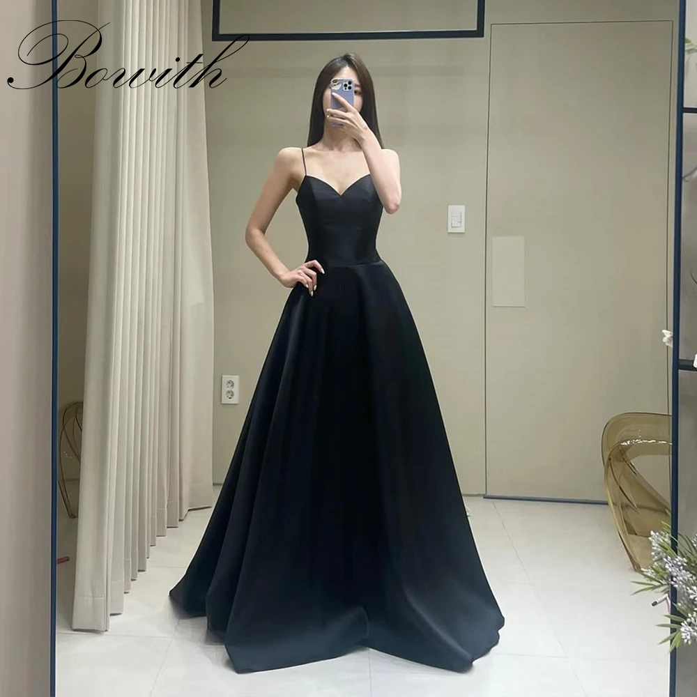 

Bowith Black Spaghetti Straps Evening Dresses Korean Photoshoot Pleats Satin Wedding Party Gowns Floor Length Customized