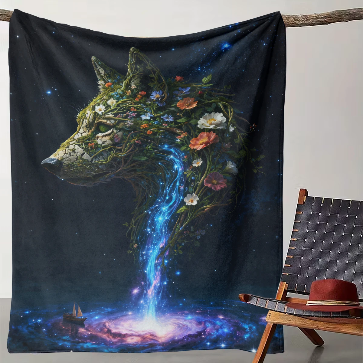 

1 Star Wild Flower Wolf Galaxy Secret Land Blanket Suitable for Camping, Living Room, Office, Chair, and Bed