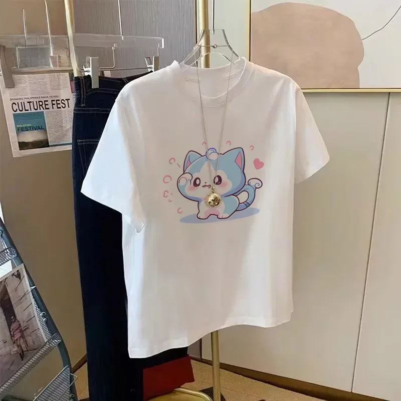 

Snow Girl Series Original Cartoon Heartbeat Snow Spirit Printed Cotton T-shirt for Women Summer Loose and Casual Round Neck Top