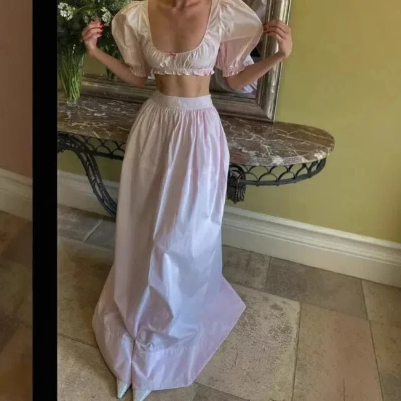 

Summer French Elegant Short Sleeve Slim Waist 2 Pieces Long High Waist Skirt Suit Korean Fashion Casual 2 Piece Set