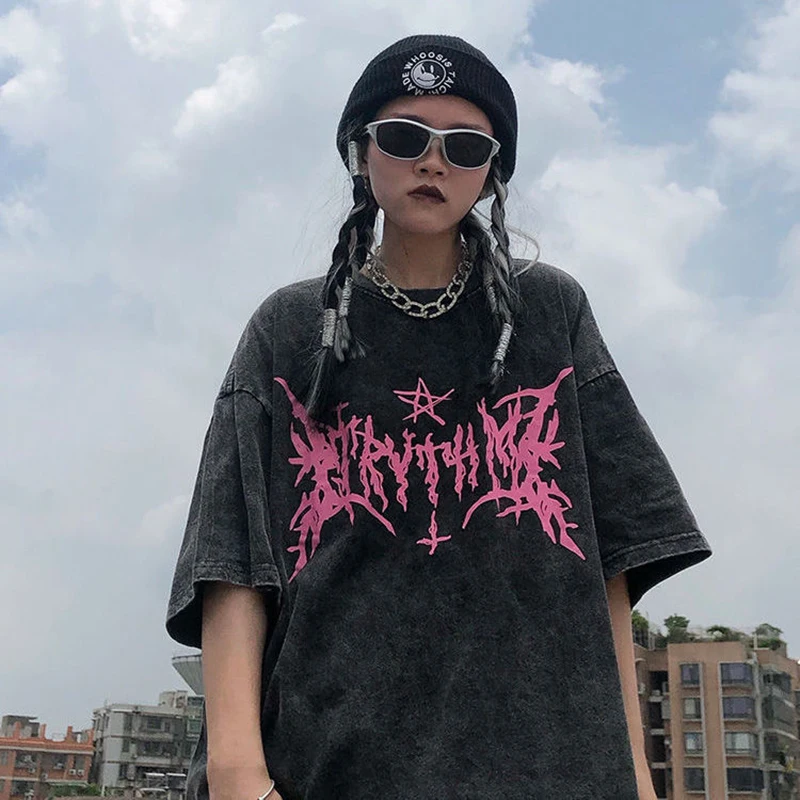 Y2K hip hop vintage 90s short-sleeved Oversized t-shirt summer goth design sense loose top tide streetwear washed denim T-shirt