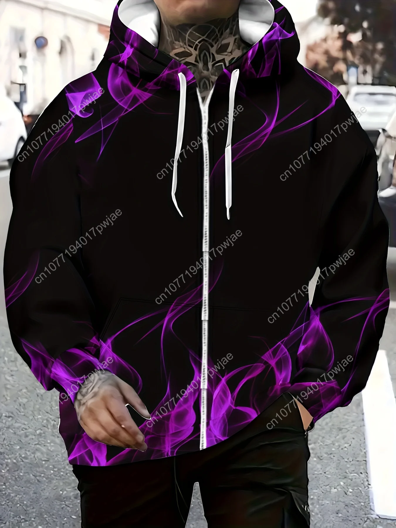 Moletom masculino com capuz roxo padrão de fumaça com zíper de manga comprida, jaqueta casual de outono inverno ao ar livre com cordão e bolsos