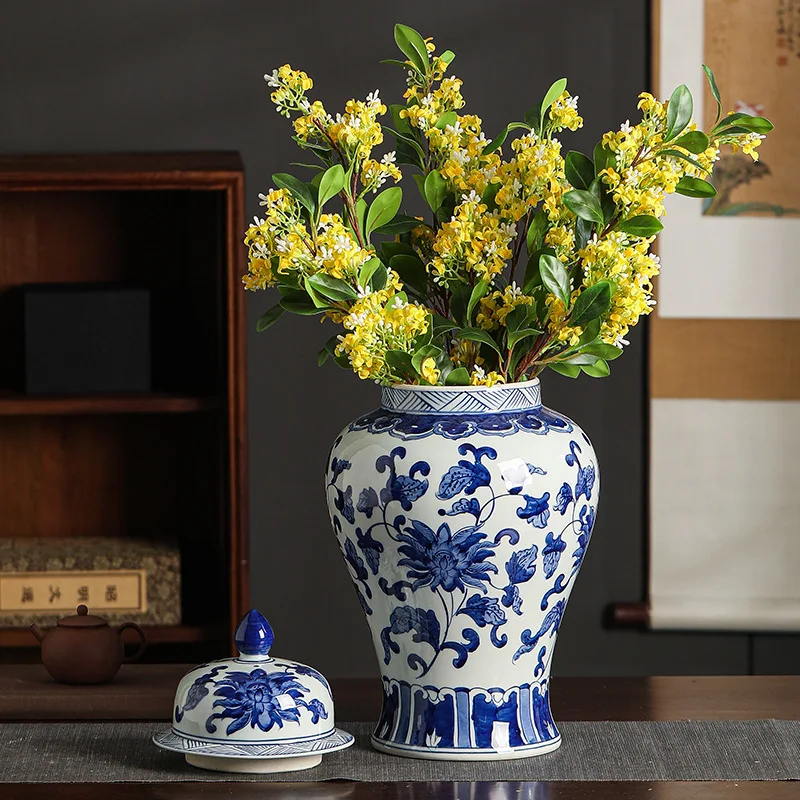 Jingdezhen Antique-Style Hand-Painted Blue-and-White Porcelain Vase Flower Bird General Jar with Tea Lid Home Decor Friend Gift