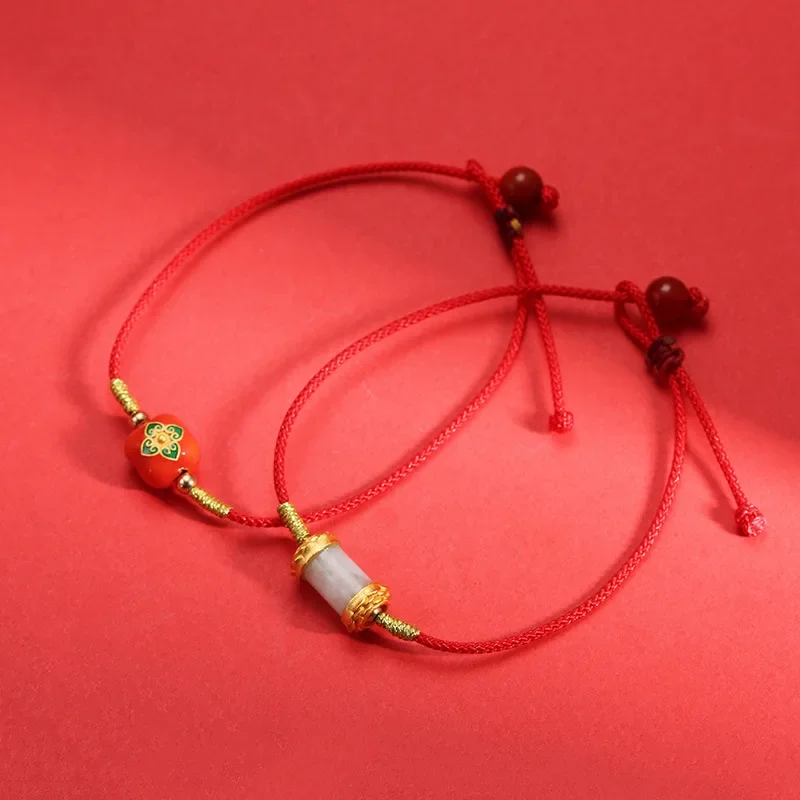 Hand-Woven Red Rope National Style Simple Bracelet for Women's Year of Life Emerald Enamel Persimmon for Girlfriend Hand Rope