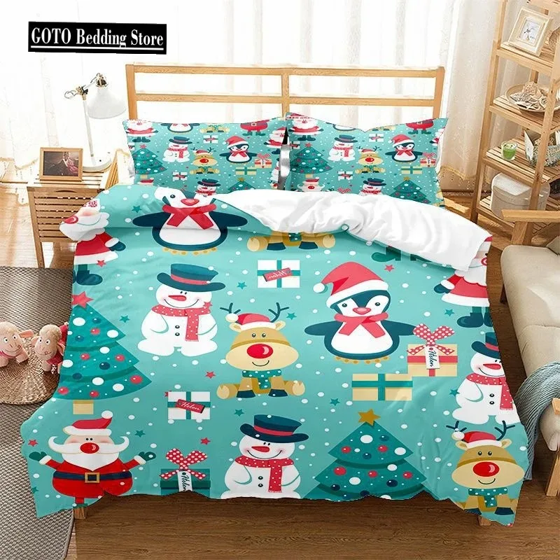 Printed Duvet Covet Set for Merry Christmas 3D Christmas Tree,Snowflakes,Santa Claus Double Bed Comforter Cover with Pillowcases