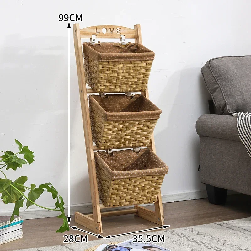 Floor Type Storage Rack Solid Wood Basket Living Room Snack Toy Bathroom 3-4layer Waterproof Large Capacity Organization Holders