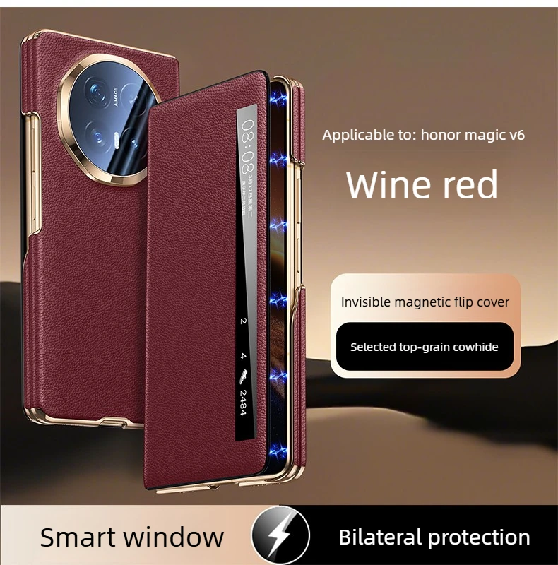 

【Защита двойной центральной оси】чехол для Honor Magic V6, роскошный кожаный чехол из натуральной кожи, умный магнитный кожаный чехол-флип с полной защитой объектива