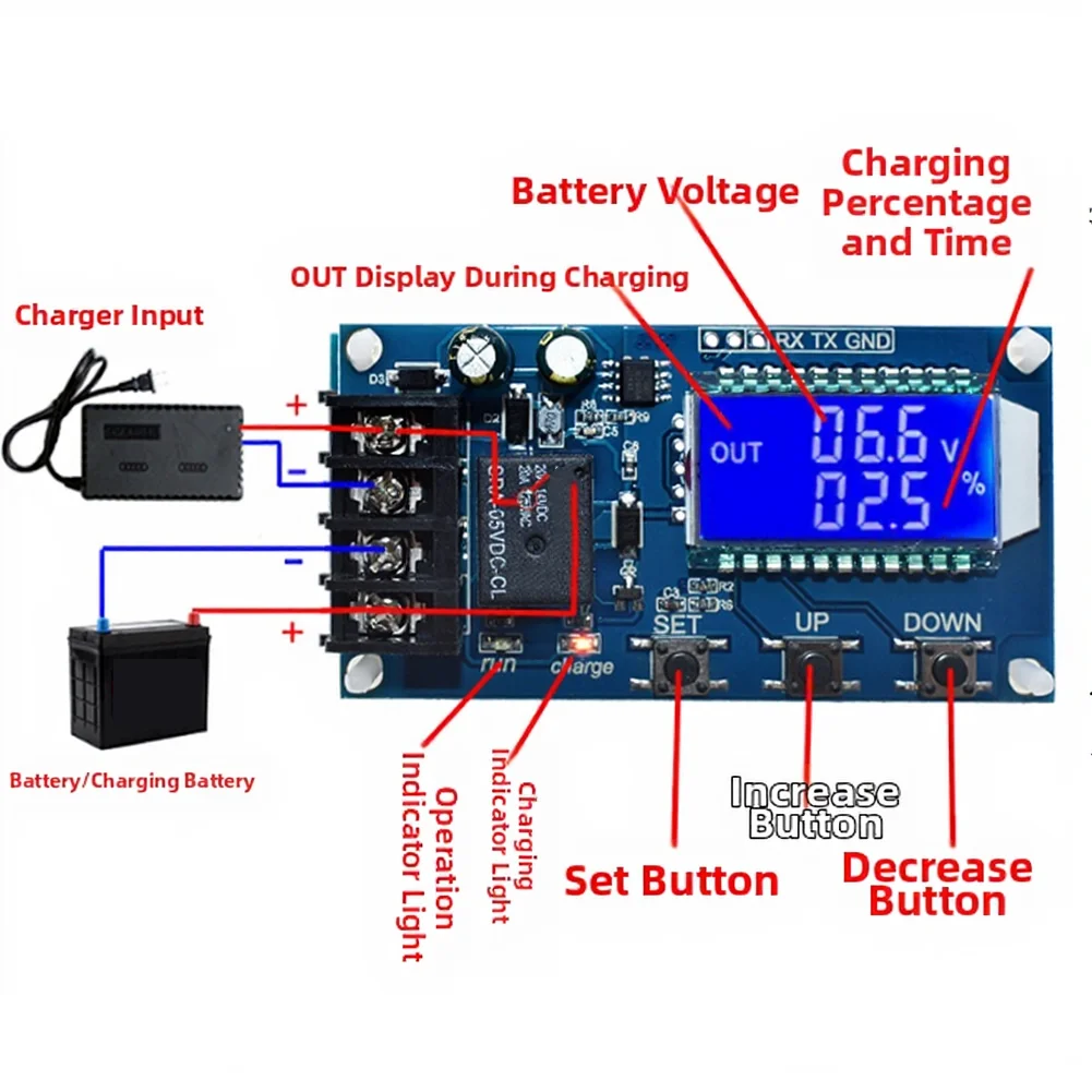 XY-L10A Battery Charging Control Module with LCD Display for 6V-60V Acid Lithium Batteries and Adjustable Timing Function