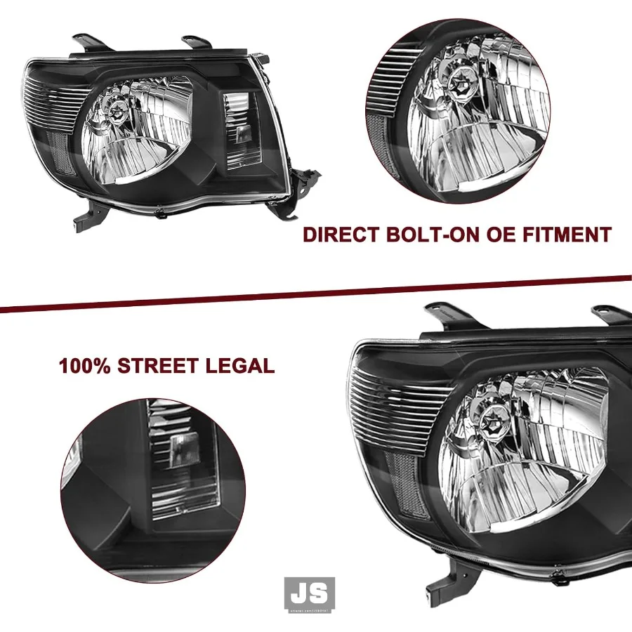 استبدال مجموعة المصابيح الأمامية لـ 20052011 Tacoma Pickup Passenger وغطاء أسود جانبي للسائق مع عاكس واضح لـ Enh
