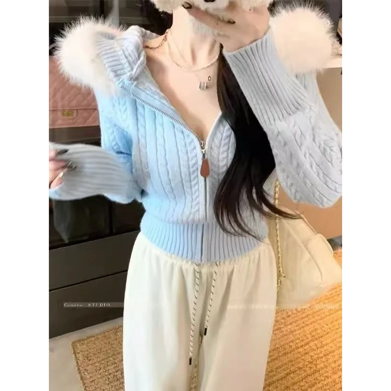 

Нежный ветровой меховой воротник, вязаная женская одежда с капюшоном и длинными рукавами, осень-зима 2022, свитер для похудения, кардиган, топ