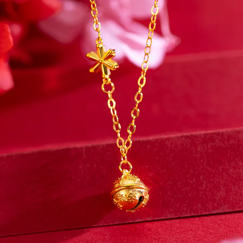 Pure 18K Yellow Gold Necklaces for Women Snowflake Bell Chain Pendant & Necklace Wedding Bridal Jewelry Accessories Bijoux