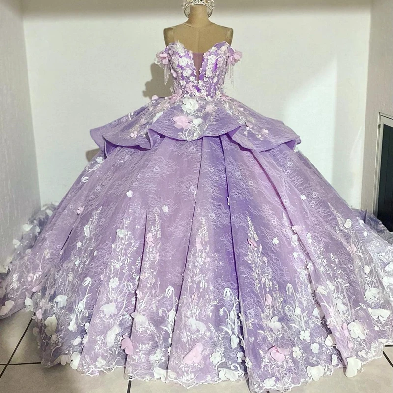 

Lilac Off the Shoulder Prom Dress Quinceanera Dress with 3D Handmade Flower Beaded Sweet Princess 15th Prom Party Birthday Dress