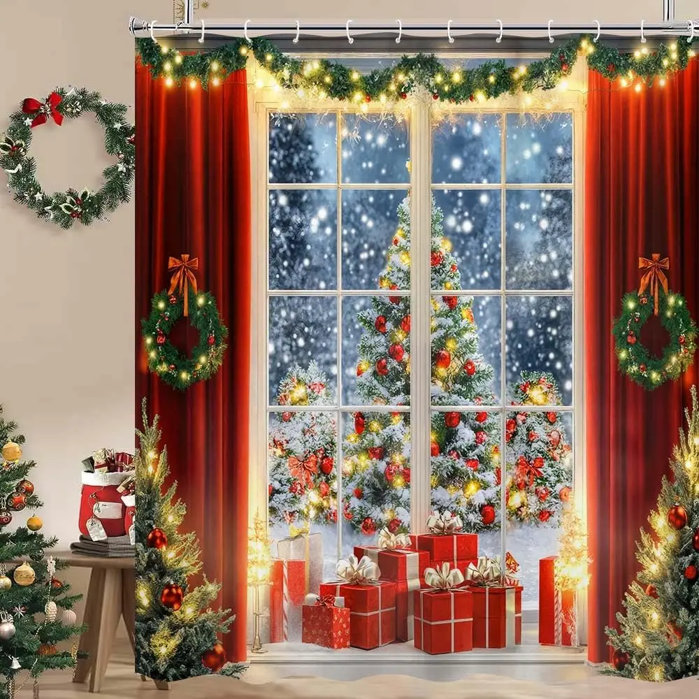 

Зимняя рождественская занавеска для душа в фермерском доме, деревенская оконная сцена, блестящая рождественская елка, праздничный декор для ванной комнаты, тканевый душ
