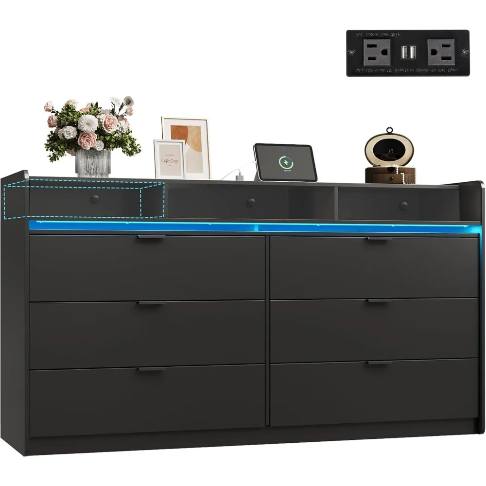 

9 Drawer LED Dresser, 58.35 Inch Black Wood Dresser Storage Organizer with Power Outlet, Dresser with Open Shelves