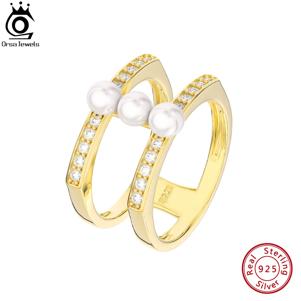 

ORSA JEWELS 100% 925 Sterling Silver Natural Freshwater Pearl Rings with CZ for Women Layered Design Rings Party Jewelry GPR08