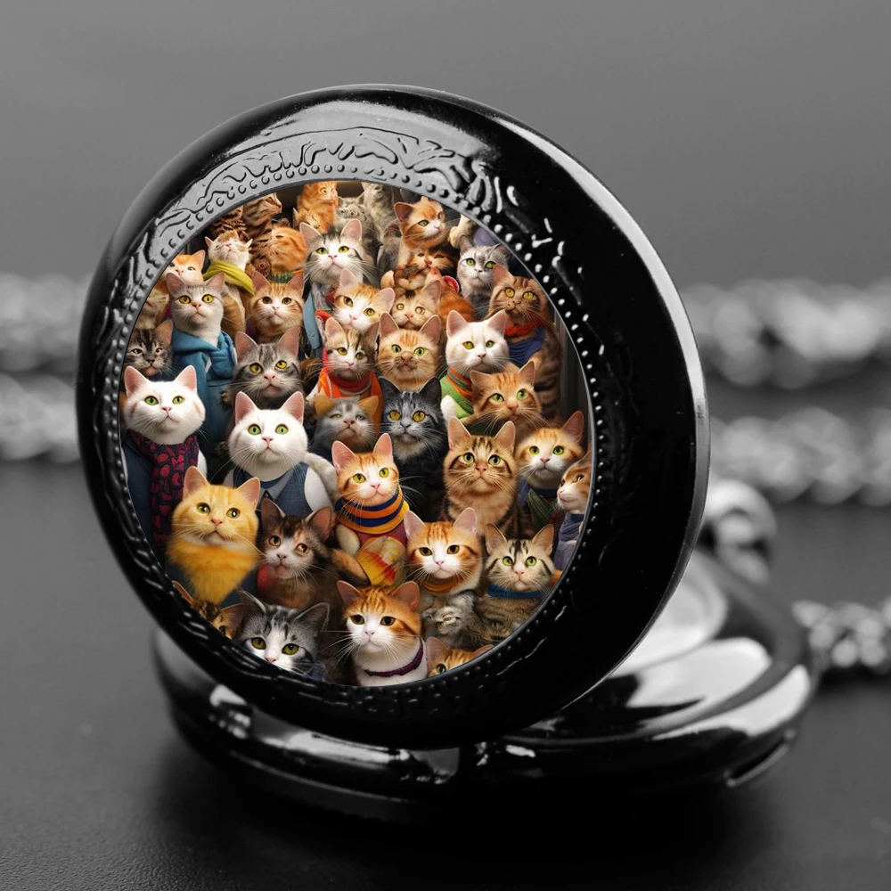 Asian Cat Glass Patch Round Quartz Pocket Watch, Relógio de quartzo elegante masculino com corrente, presente de aniversário exclusivo