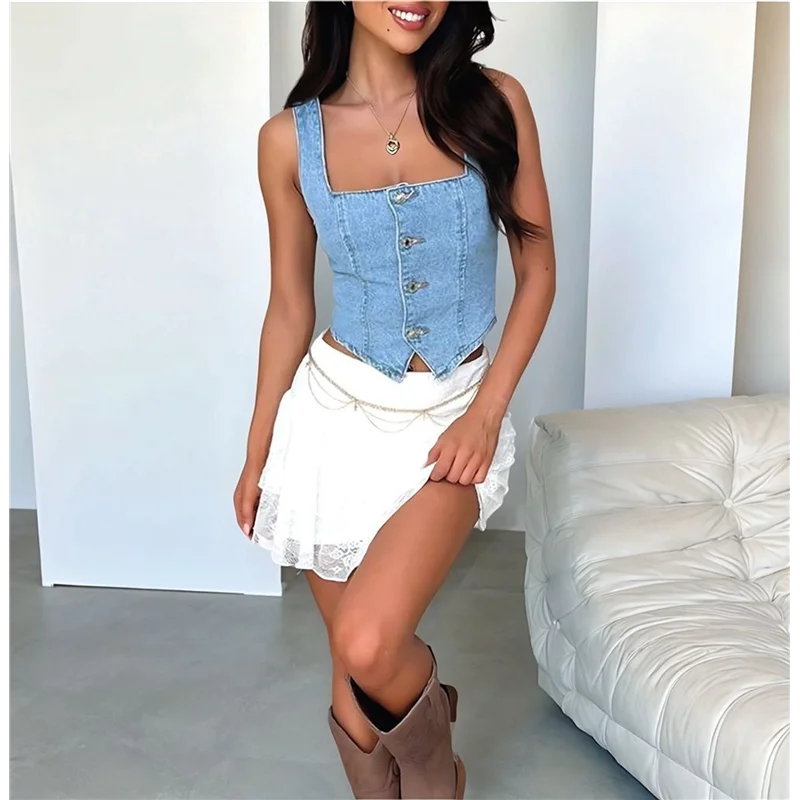 

A83F-Women Denim Crop Vest Y2k Button Down Sleeveless Crop Top Jean Tank Top Slim Backless Corset Top Smocking Vest
