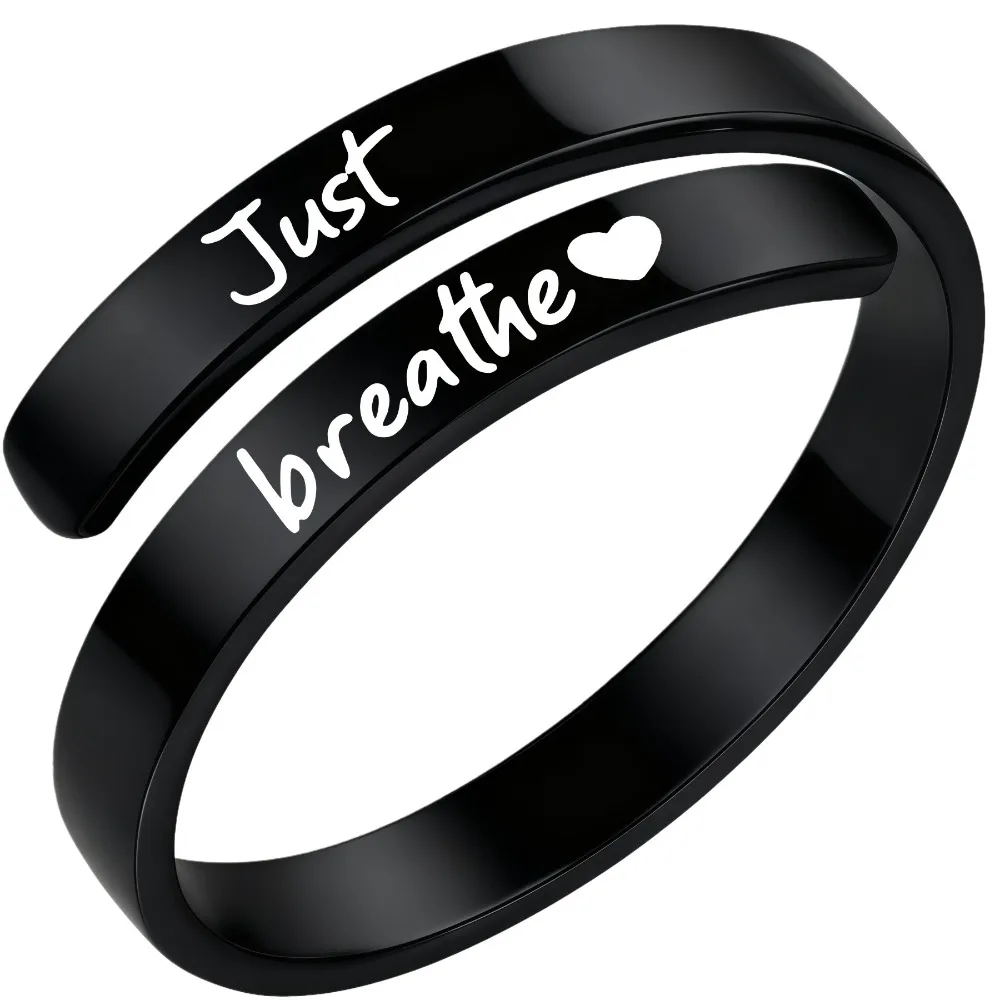 Stainless Steel Just Breathe Ring Chic Geometric Minimalist Letter Spiral Wrap Inspirational Ring Meaningful Gift