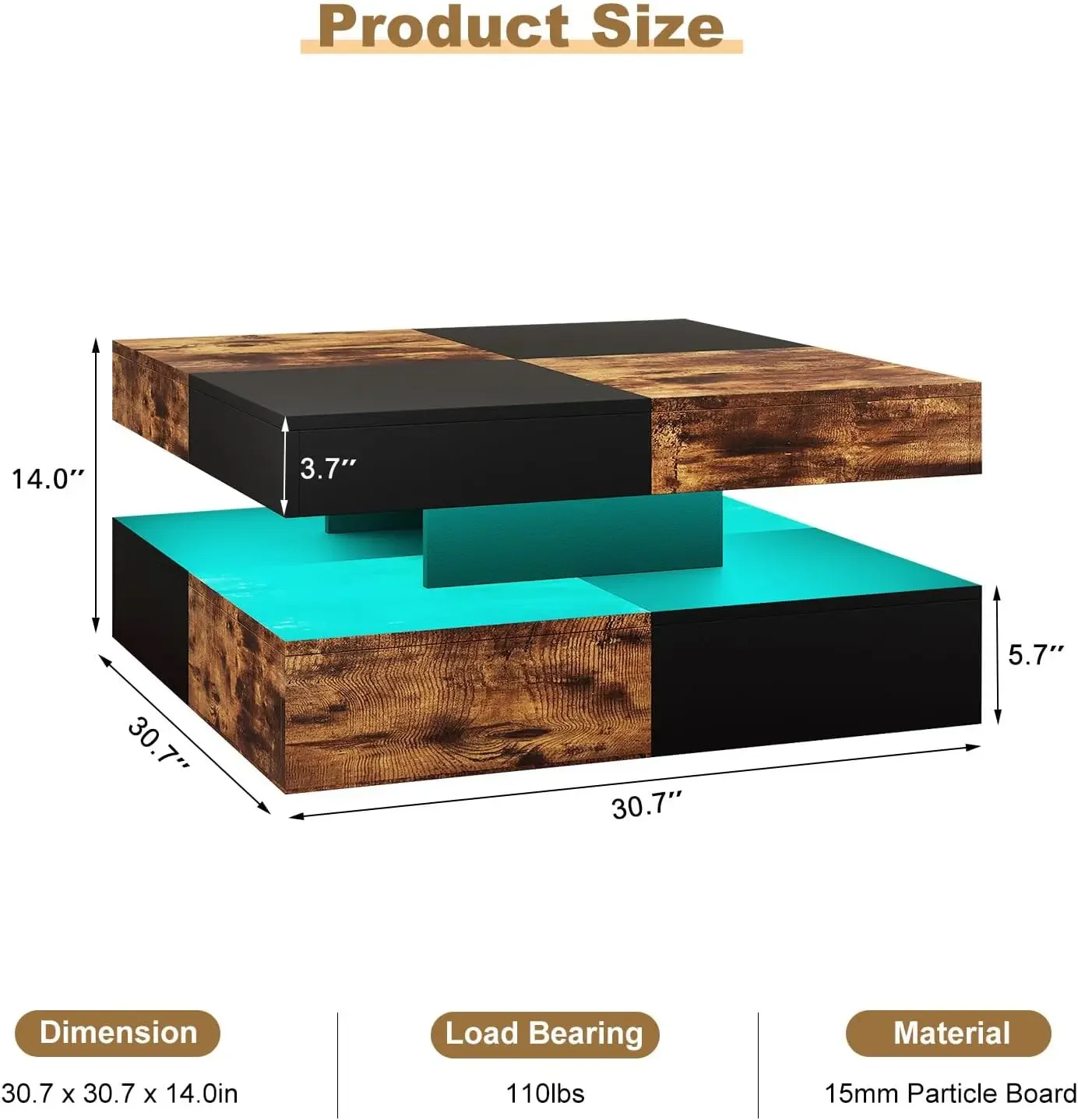 LED Coffee Table for Living Room, Wood Square 2-Tier Storage Modern Middle Center Table, Contemporary Coffee Table