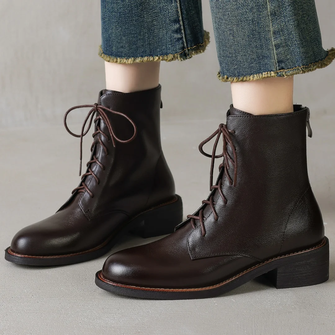 

Women's genuine leather lace-up round toe back zip flat autumn ankle boots soft comfortable casual female short motorcycle boots